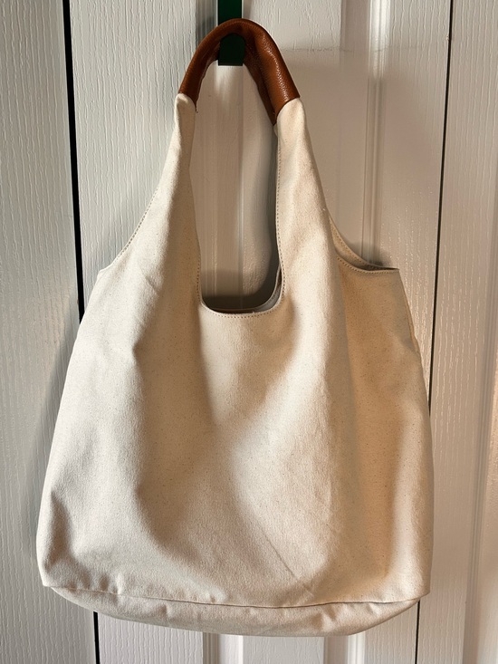 J. Jill Handbags - J. Jill Cream Canvas and Leather Handle Large Tote Shoulder Bag New Boho Minimal